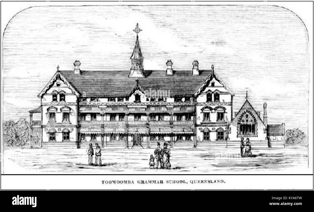 Questo schizzo del 1875 della Toowoomba Grammar School mostra il layout architettonico pianificato prima della costruzione, illustrando la progettazione iniziale, i piani di costruzione e le infrastrutture educative nel Queensland, Australia. Foto Stock