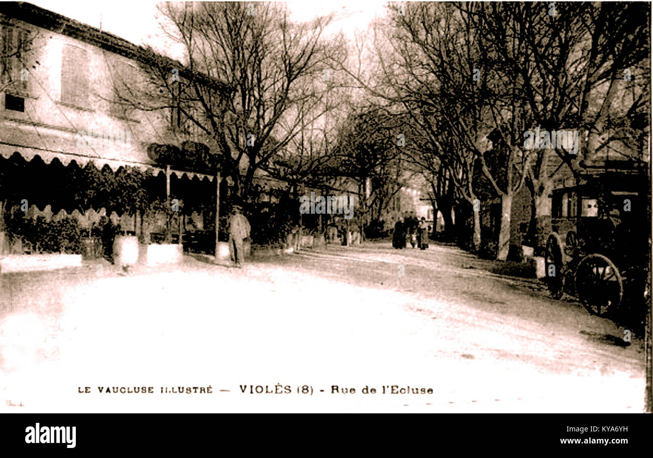 Una fotografia di Rue de l'Écluse a Violès, Francia, che illustra la disposizione stradale e lo stile architettonico del villaggio. Foto Stock