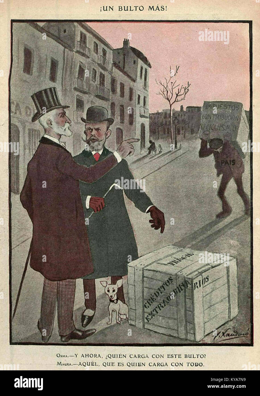 "Un bulto más" di Joaquín Xaudaró è un disegno satirico, che illustra il commento sociale attraverso la caricatura e l'umorismo visivo nell'arte spagnola dell'inizio del XX secolo. Foto Stock