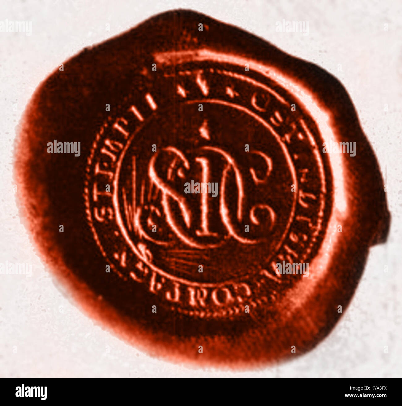 Piccolo sigillo della compagnia svedese delle Indie Orientali (1806-1813) che rappresenta le operazioni commerciali e la storia commerciale della Svezia durante la fine del XVIII e l'inizio del XIX secolo. Foto Stock