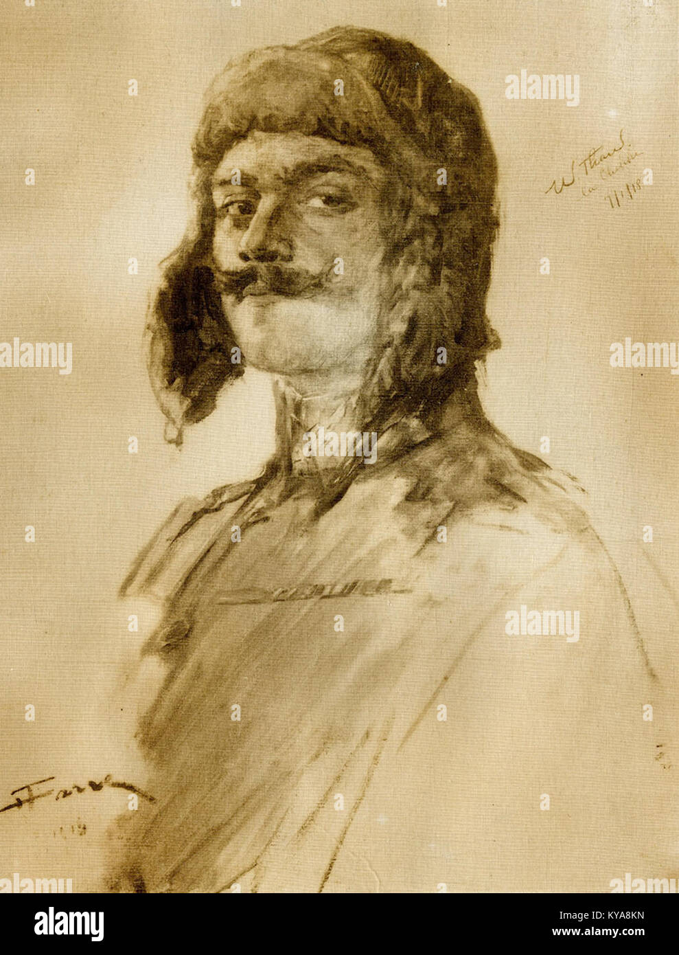 Ritratto a matita ritagliata di William Thaw di Henri Farré, che enfatizza le caratteristiche facciali e le tecniche di disegno dei primi anni del XX secolo. Foto Stock