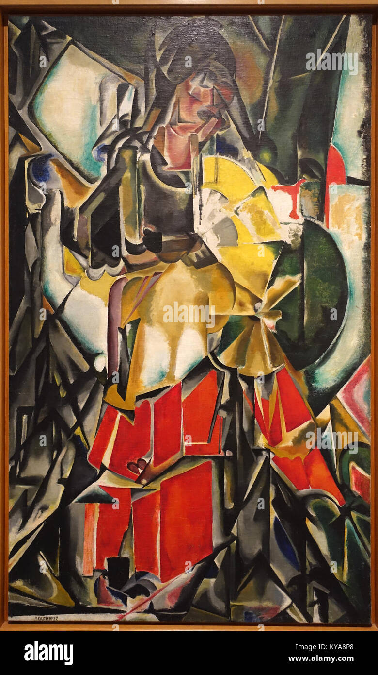 "Donna con un fan", dipinto ad olio del 1916 di Maria Blanchard al Museo Nacional Centro de Arte Reina Sofía di Madrid, Spagna, che mostra una figura femminile e mescola il cubismo con l'arte figurativa. Foto Stock