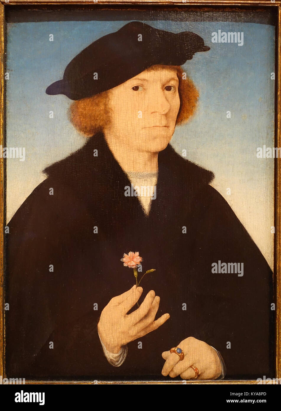 Questo autoritratto di Joos van Cleve, intorno al 1519, è un dipinto ad olio su legno ospitato presso il Museo Nacional Centro de Arte Reina Sofía di Madrid, Spagna, che illustra le tecniche di ritrattistica rinascimentale. Foto Stock