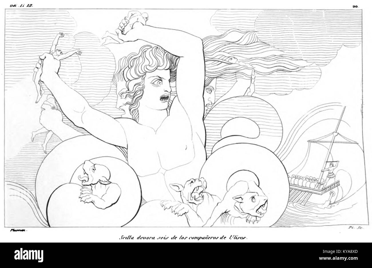 Questa immagine raffigura la scena mitologica dell'Odissea di Omero, dove il mostro Scilla divora sei uomini di Ulisse, mostrando un evento chiave della mitologia greca. Foto Stock