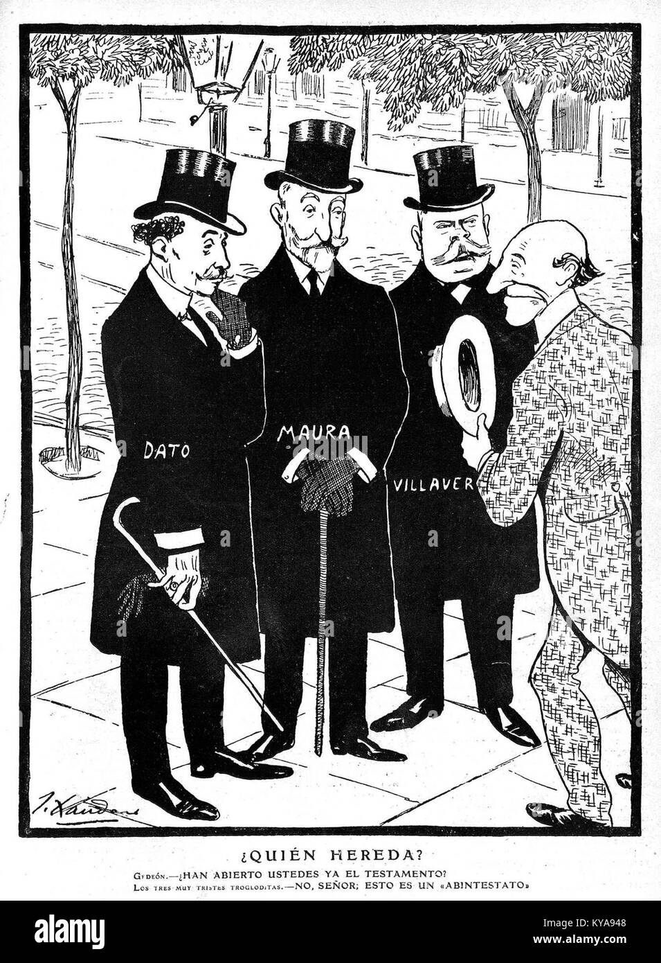 "Quién hereda" di Xaudaró è un'illustrazione satirica o cartone animato che riflette l'umorismo visivo e il commento sociale spagnolo dell'inizio del XX secolo. Foto Stock