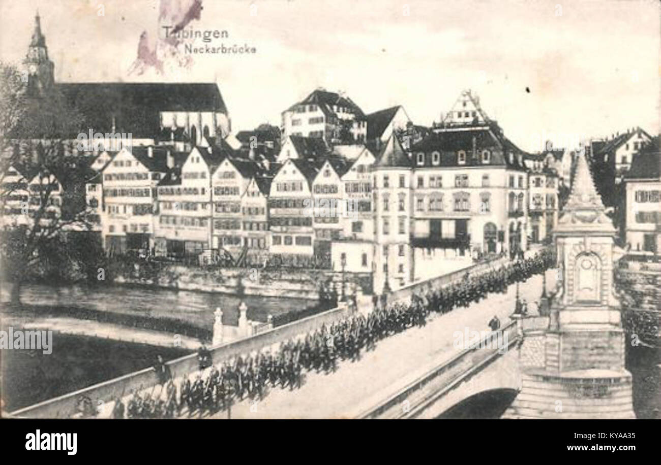 Soldaten auf der Neckarbrücke a Tübingen - Gelaufen 1908 Foto Stock