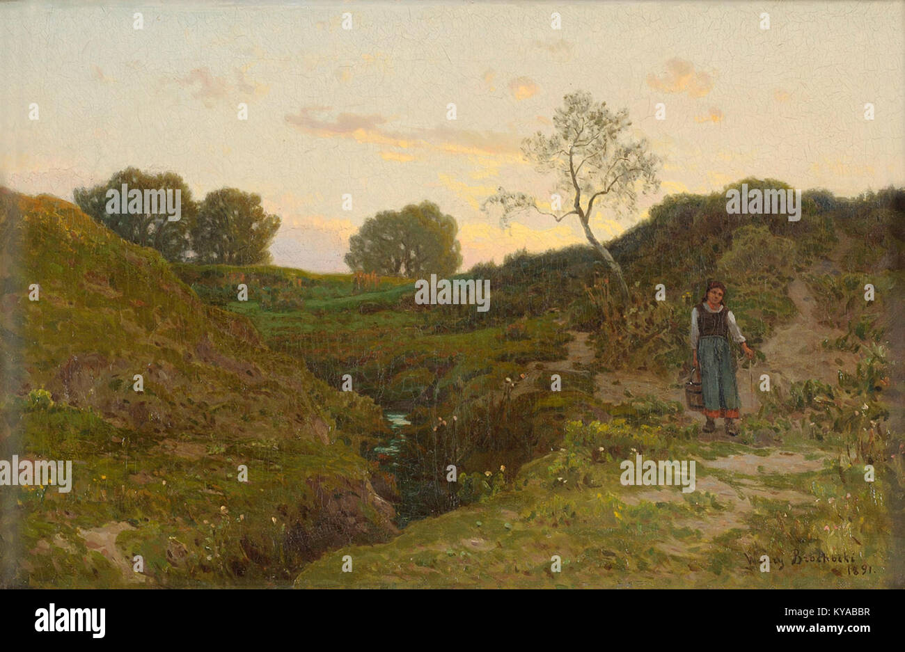 "Kobieta niosąca wodę" ("donna che trasporta acqua") è un dipinto dell'artista polacca Walery Brochocki, che raffigura una donna rurale che svolge compiti quotidiani in un ambiente paesaggistico. Foto Stock