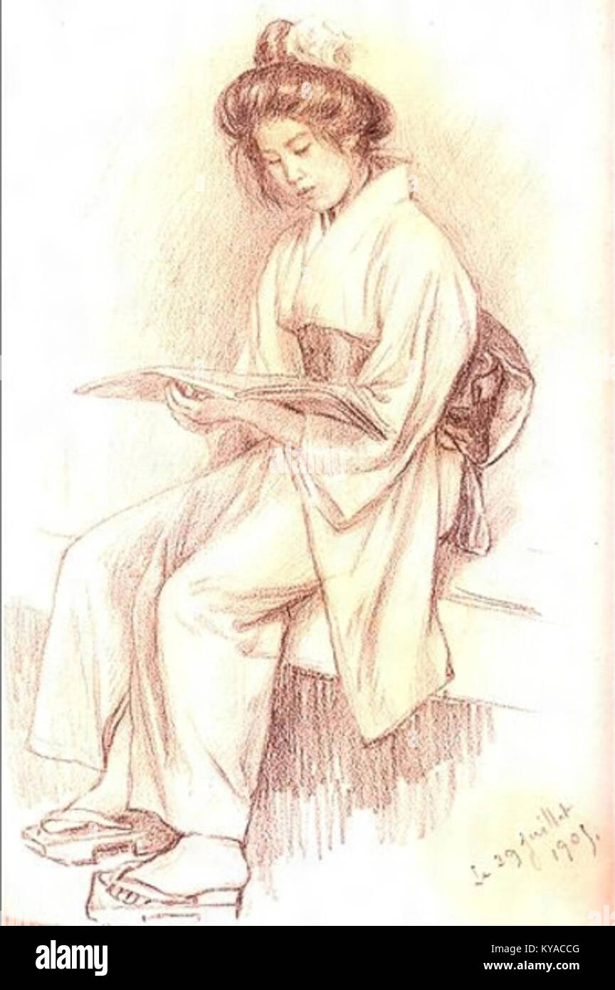 Un dipinto di Wada Eisaku intitolato "donna che legge un giornale", che mostra una donna impegnata nella lettura, enfatizzando la vita quotidiana e la riflessione personale. Foto Stock