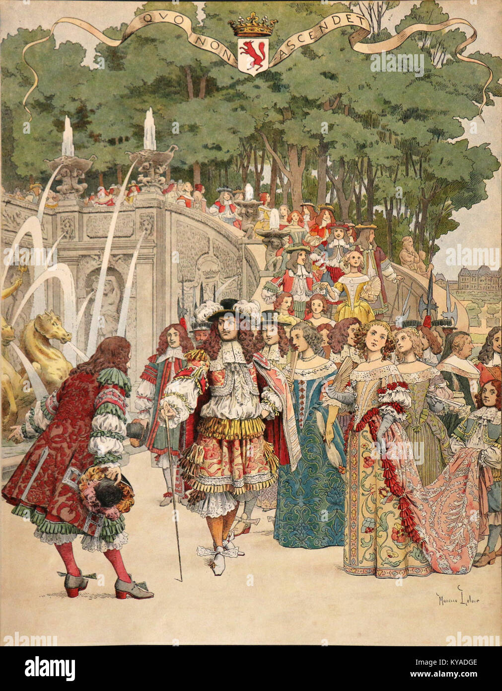 Un dipinto di Maurice Leloir che mostra re Luigi XIV (le Roy Soleil) ricevuto da Nicolas Fouquet a Vaux-le-Vicomte, raffigurante la cerimonia di corte e l'architettura del XVII secolo. Foto Stock