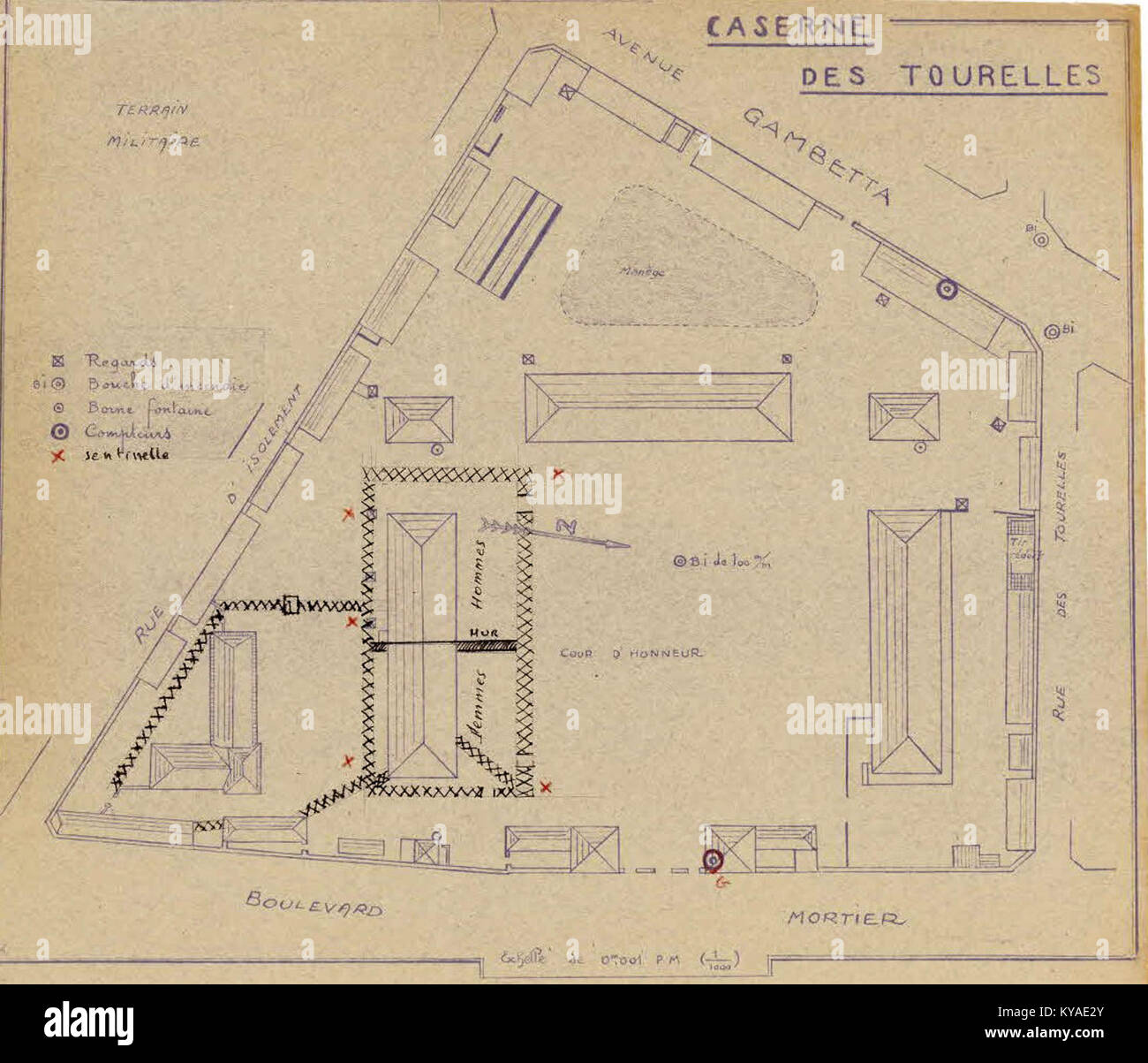 Plan de la caserne des Tourelles, camp d'internement pendant la seconde guerre mondiale. - Archives Nationales - F-7-15107 - (1) Foto Stock