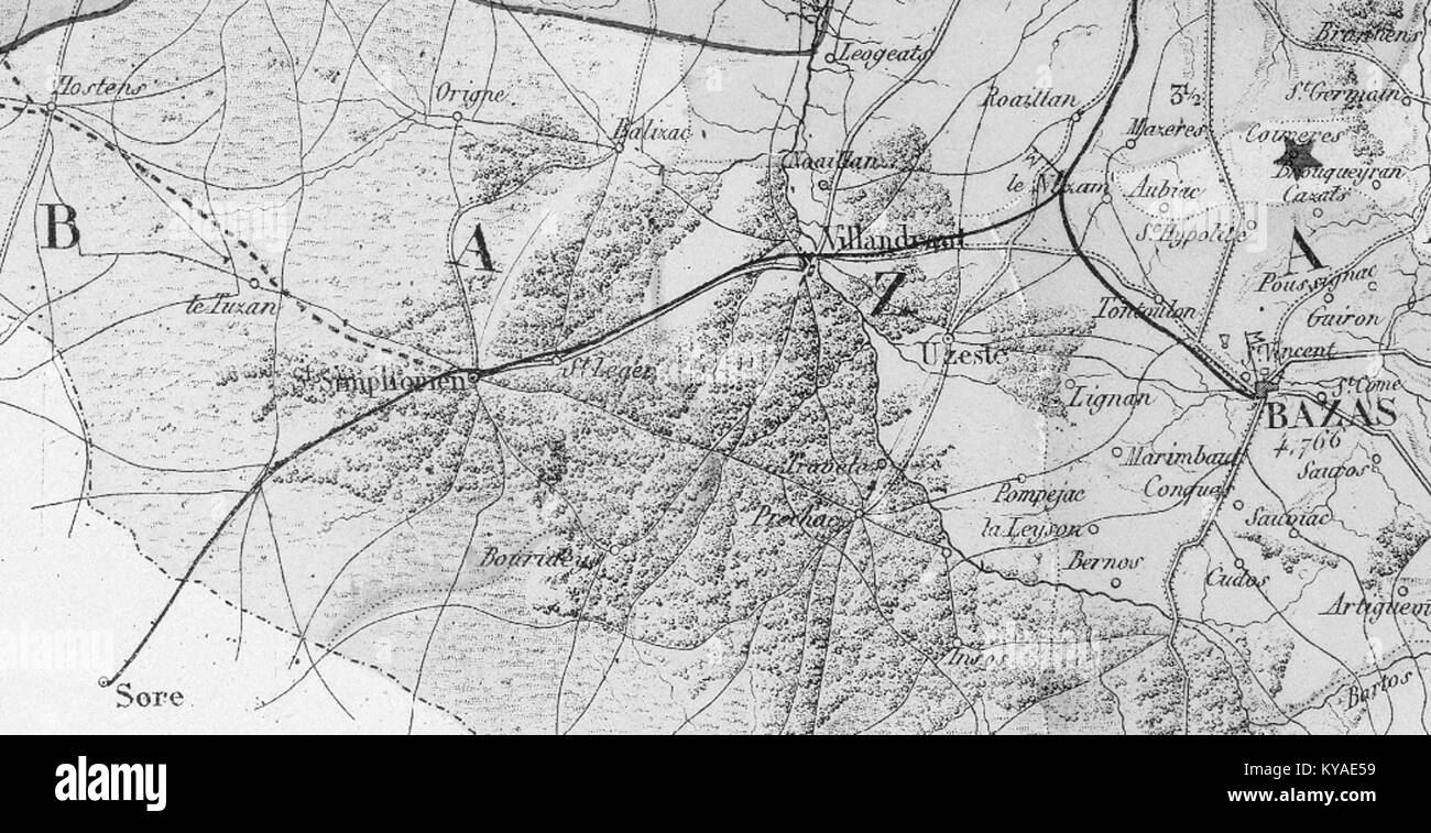 Il dettaglio del piano Gironde, creato nel 1878, mostra una mappa dettagliata della regione della Gironda in Francia, offrendo approfondimenti sulla geografia regionale e sull'uso del territorio durante la fine del XIX secolo. Foto Stock