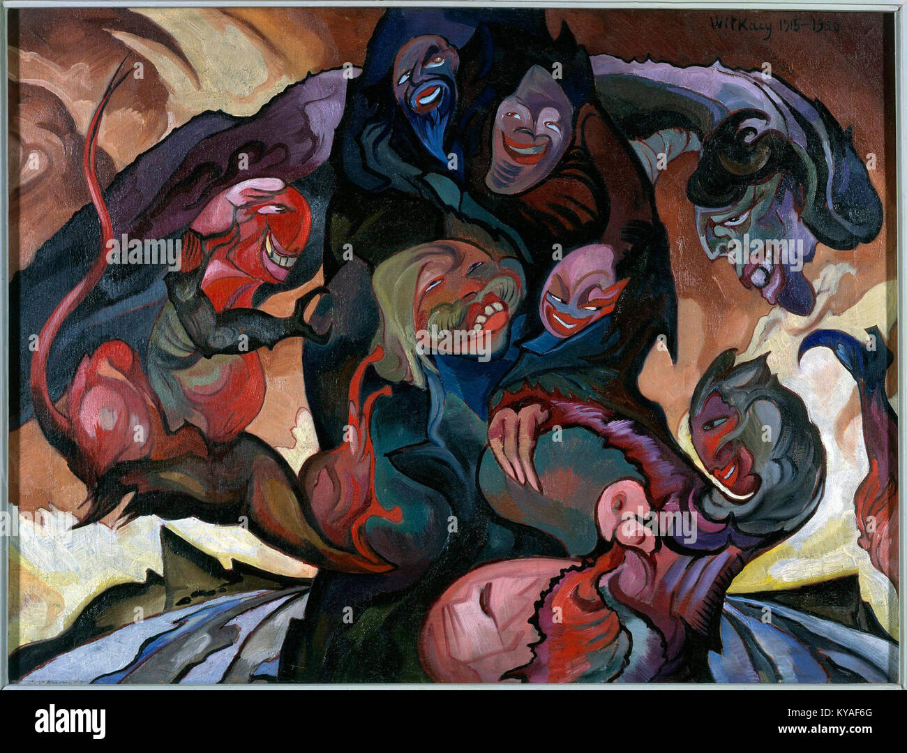 "Kompozycja fantastyczna - Wizja z maskami" è un dipinto dell'artista polacco Stanisław Ignacy Witkiewicz, con maschere surreali e composizione astratta che riflette l'arte d'avanguardia polacca del XX secolo. Foto Stock