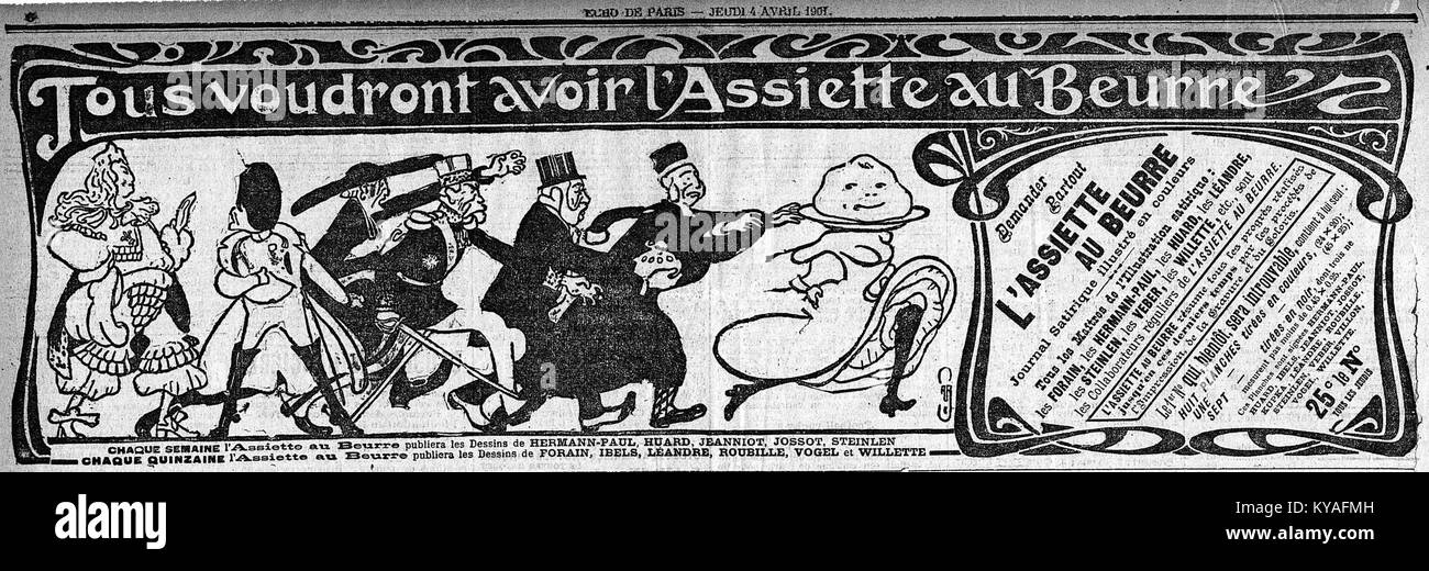 L'illustrazione francese di *Assiette au beurre* raffigura la società parigina usando satira, caricatura e commento sociale, riflettendo lo stile delle pubblicazioni di *Echo de Paris*. Foto Stock