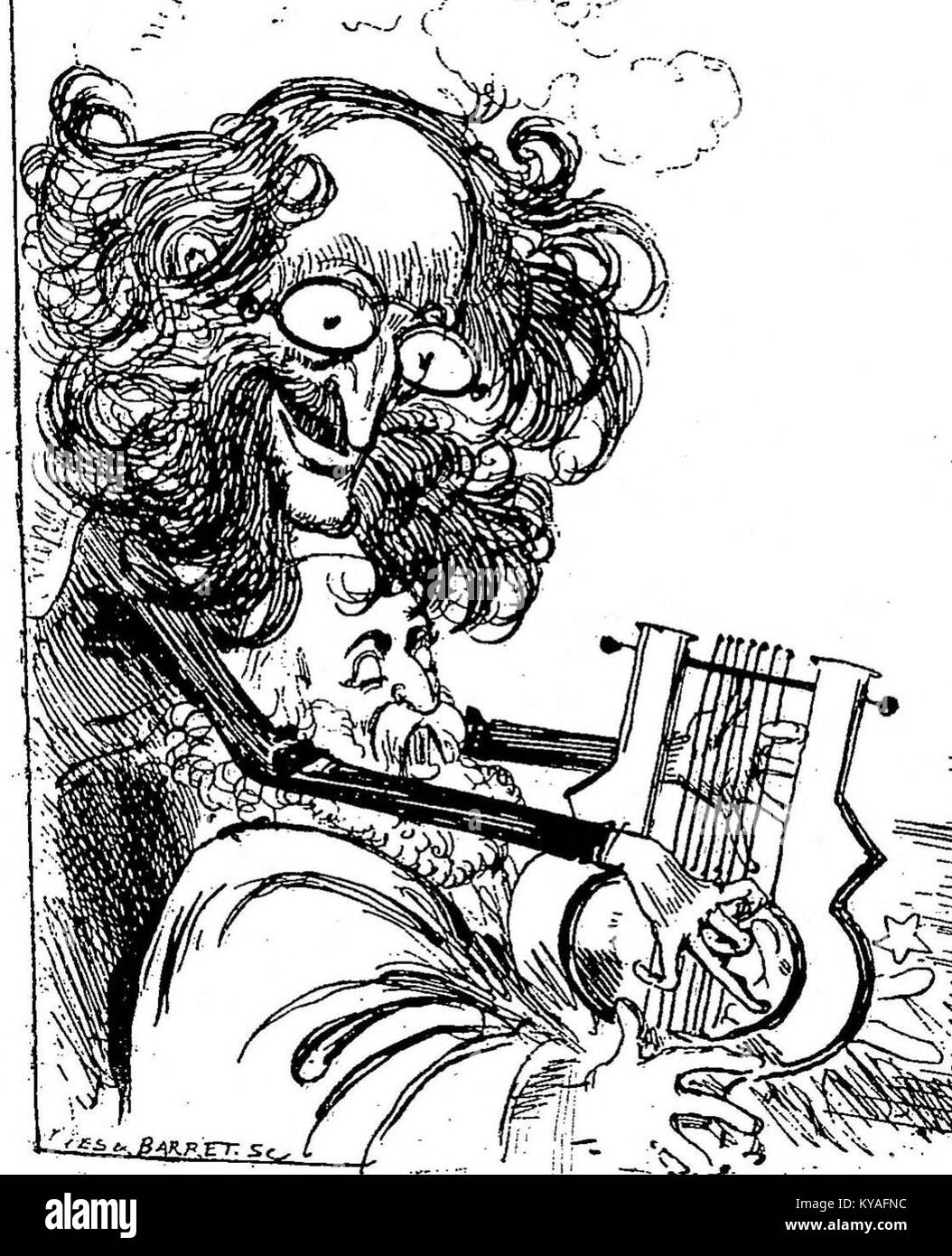 Una caricatura del compositore Jacques Offenbach di Albert Robida, raffigurante il musicista francese in uno stile artistico umoristico e satirico popolare nel XIX secolo. Foto Stock