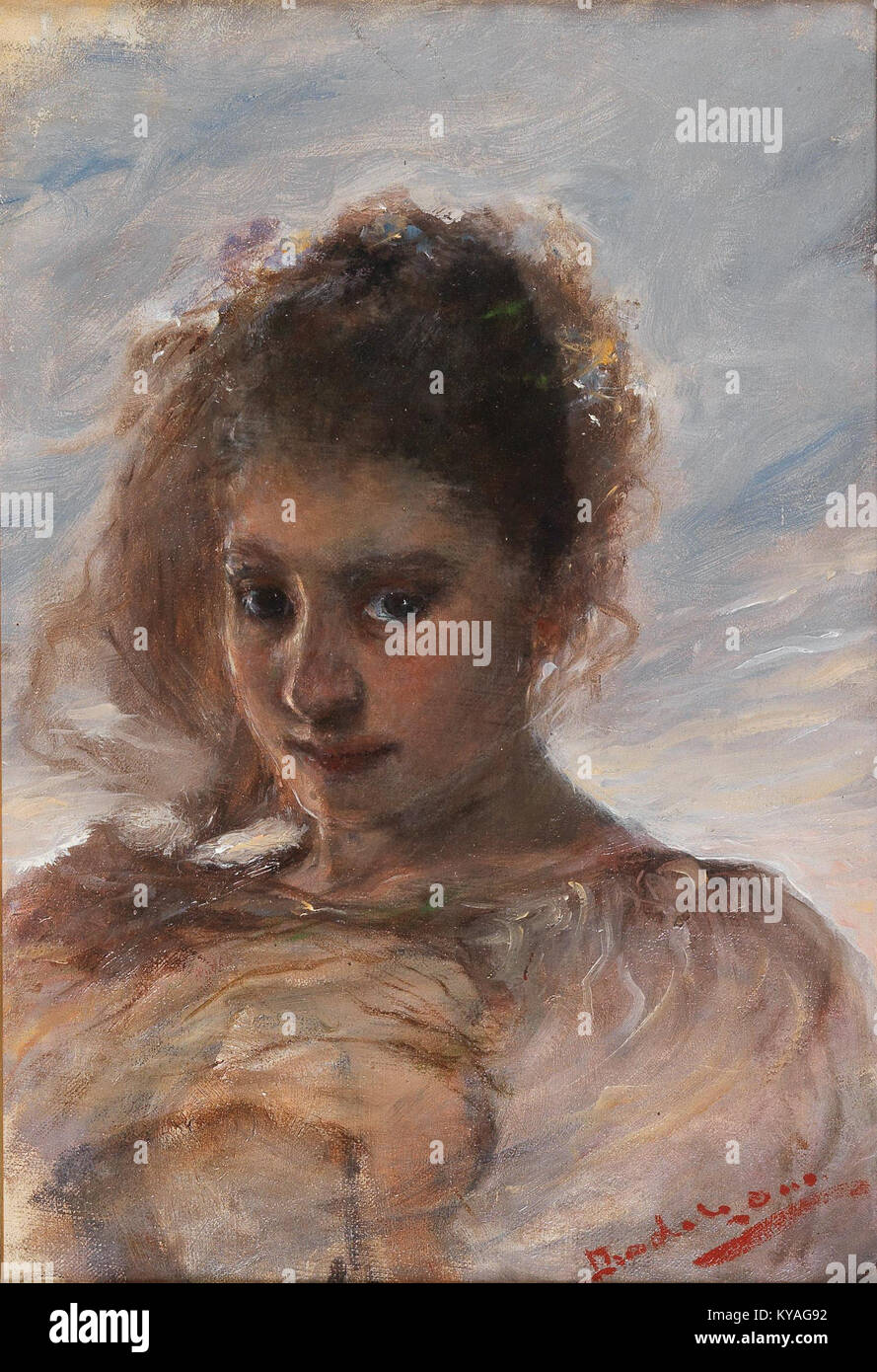 Ritratto di una giovane donna di Ottó Baditz, ambientato su uno sfondo nuvoloso, che mette in evidenza lo stile pittorico europeo del XIX secolo e le tecniche di ritratto. Foto Stock