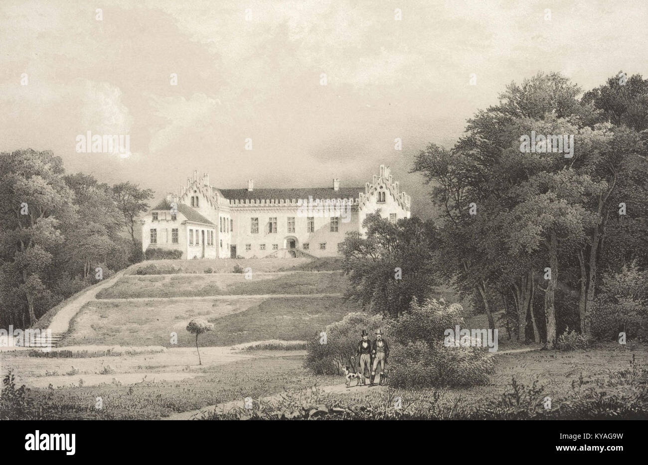 Fotografia del castello di Näsbyholm che mostra le caratteristiche architettoniche, i terreni circostanti e il paesaggio in Svezia tra il 1852 e il 1863. Foto Stock