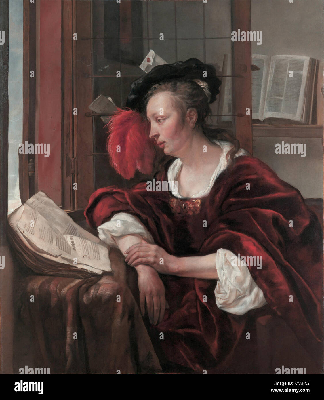 Dipinto di Gabriël Metsu raffigurante una donna che legge un libro accanto a una finestra, che illustra scene interne olandesi del XVII secolo. Foto Stock