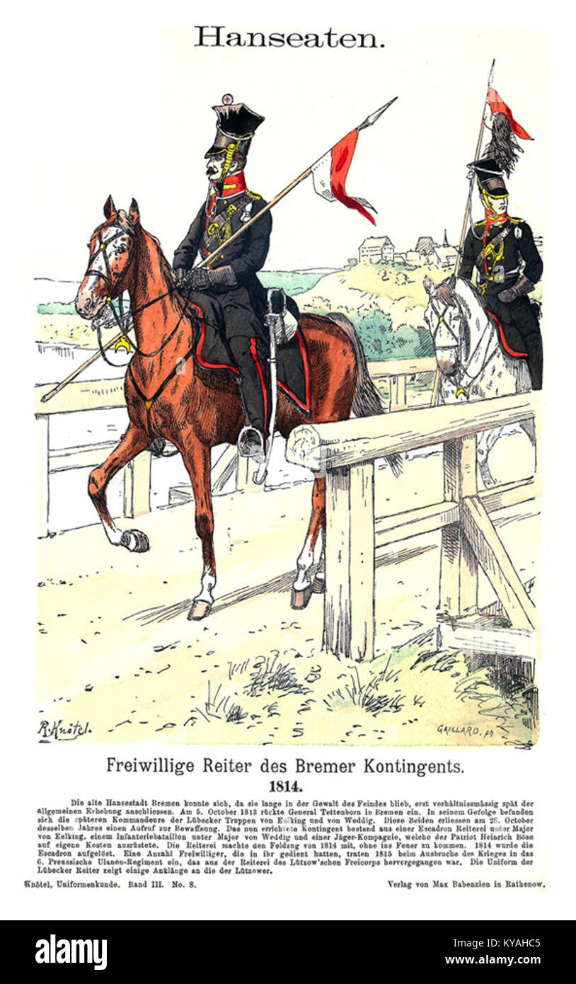 Questo dipinto del 1814 di Richard Knötel raffigura la cavalleria Bremer, illustrando le uniformi militari e la vita nella Germania dell'inizio del XIX secolo. Foto Stock
