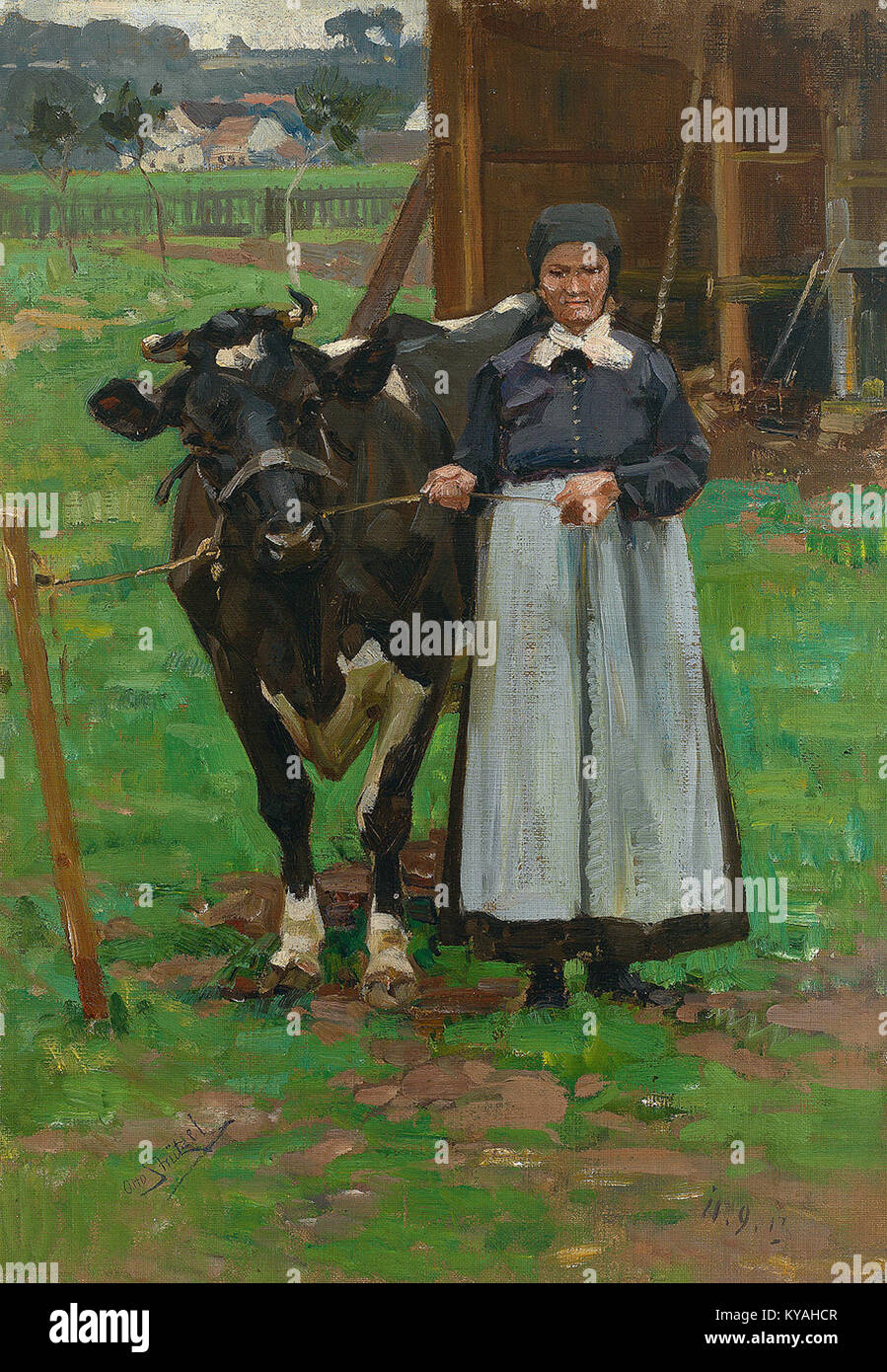 Questo dipinto del 1905 di otto Strützel intitolato "Bäuerin mit Kuh" raffigura una donna contadina con una mucca, illustrando la vita rurale e il paesaggio pastorale nella Germania dell'inizio del XX secolo. Foto Stock
