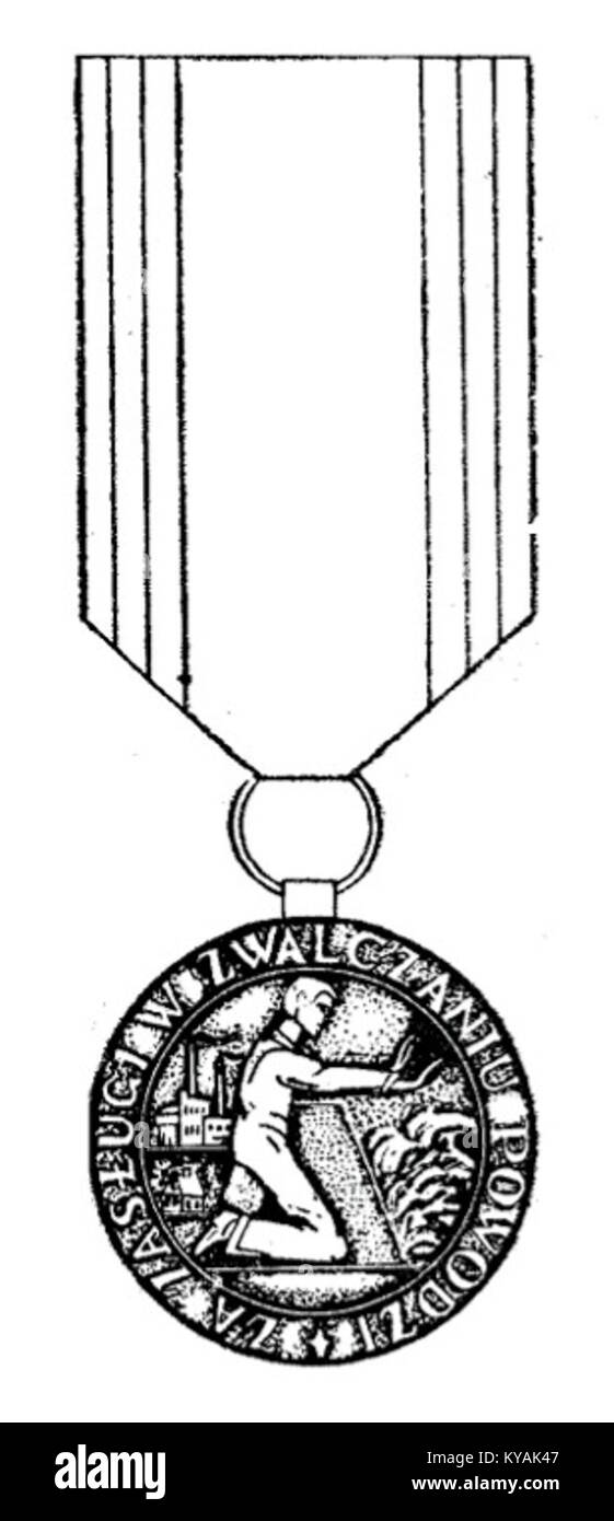 Lo "ZA zaslugi W zwalczaniu powodzi" è un distintivo polacco assegnato nel 1984 per onorare gli individui per il loro eccezionale contributo alla prevenzione delle inondazioni. Riconosce gli sforzi volti a proteggere le comunità dalle inondazioni in Polonia. Foto Stock