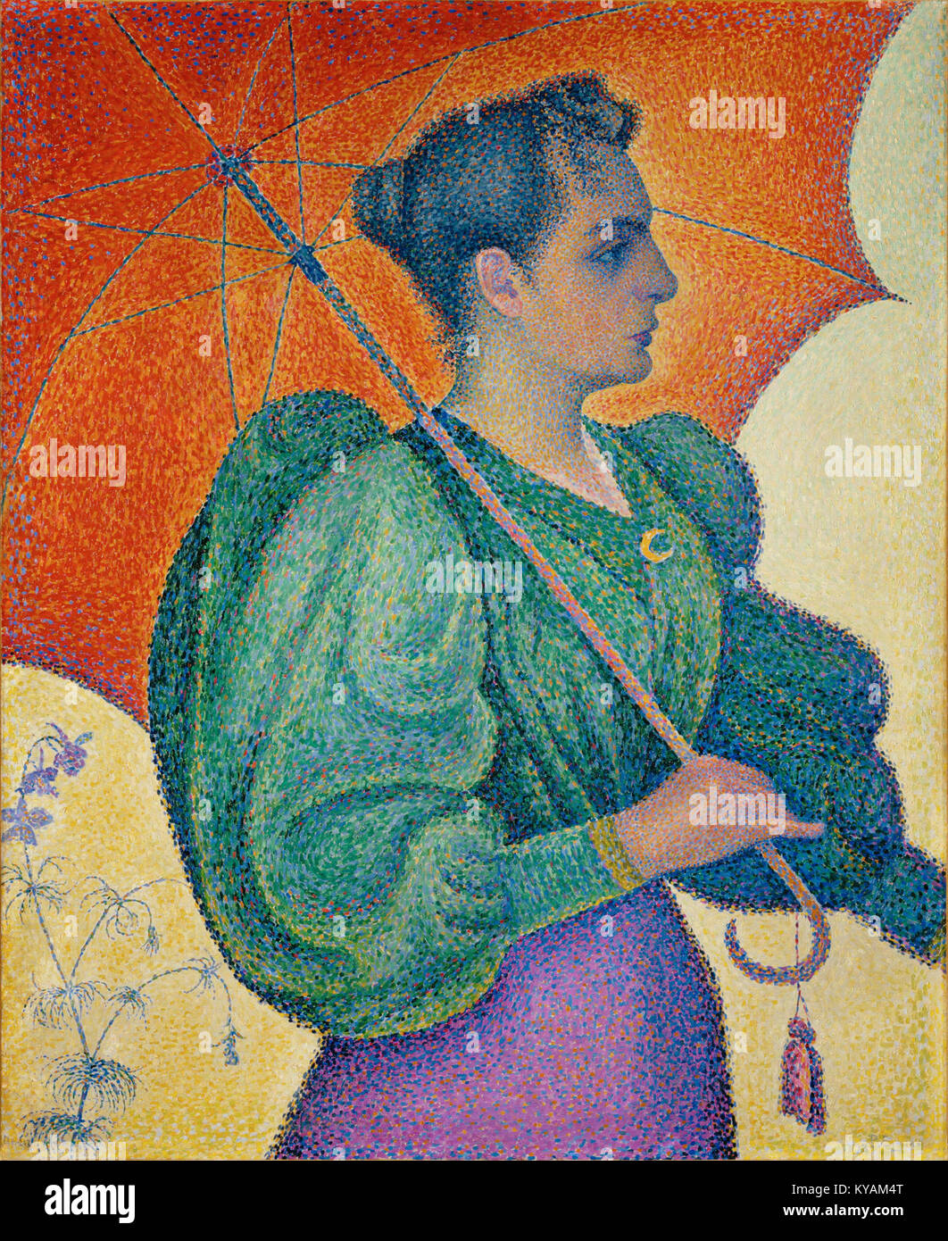 Il dipinto di Paul Signac del 1893 "Femme à l'ombrelle" (donna con parasole) usa il puntinismo per raffigurare una donna con l'ombrello, esemplificando il suo studio del colore e della luce in olio su tela, ospitato al Musée d'Orsay. Foto Stock