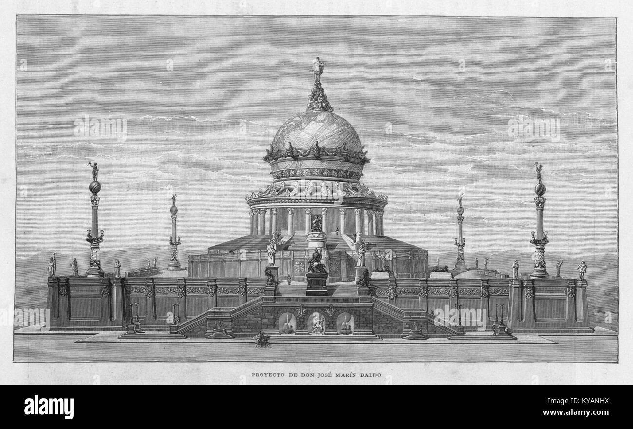 Proyecto de Don José Marín Baldo, monumento a Colón, en Cristóbal Colón Su vida, sus viajes, sus descubrimientos Foto Stock
