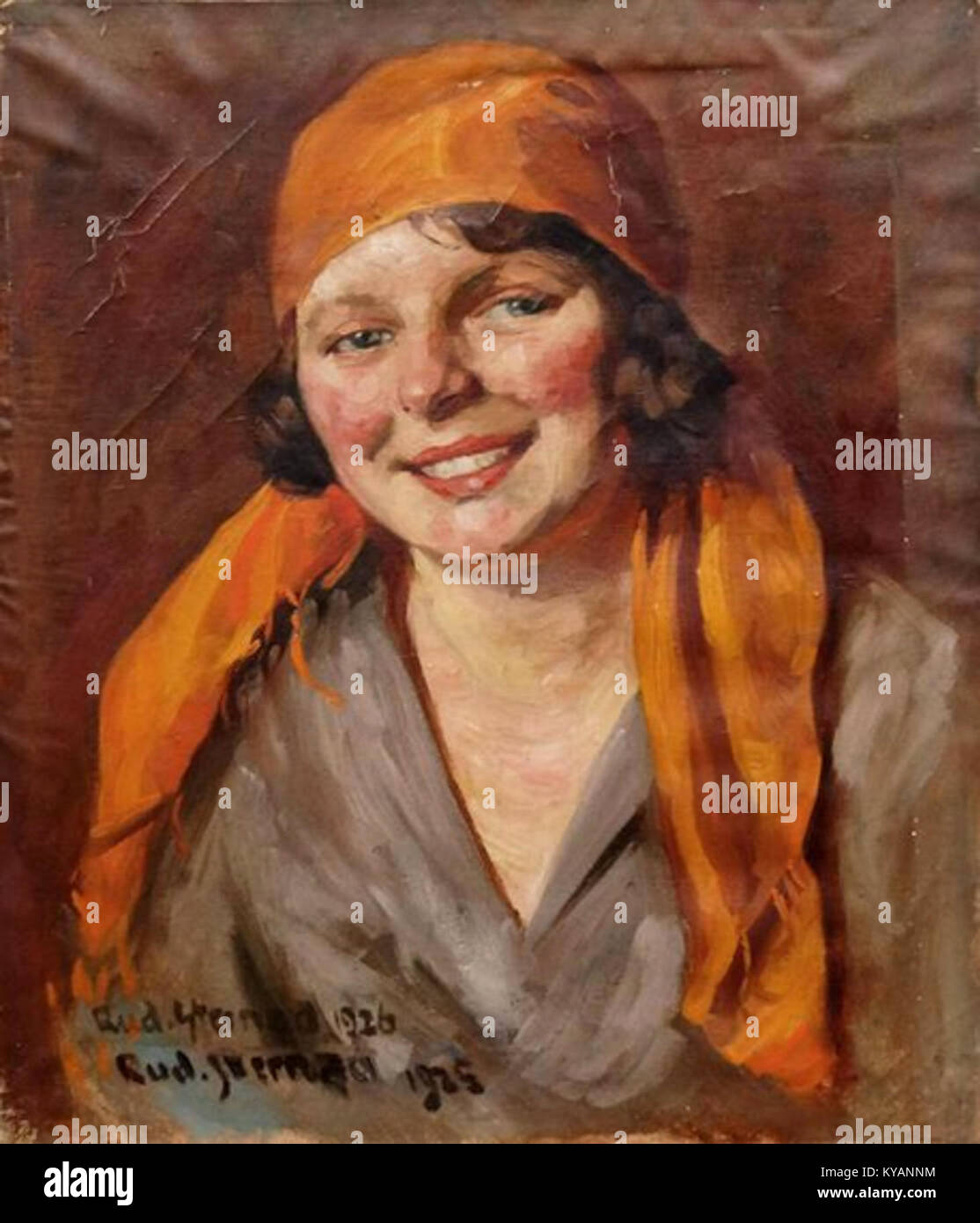 Questa opera d'arte di Rudolf Jettmar, "Ritratto di una giovane donna" (1925-1926), è un dipinto che enfatizza i dettagli espressivi, lo stile di ritrattistica e le tendenze artistiche europee dell'inizio del XX secolo. Foto Stock