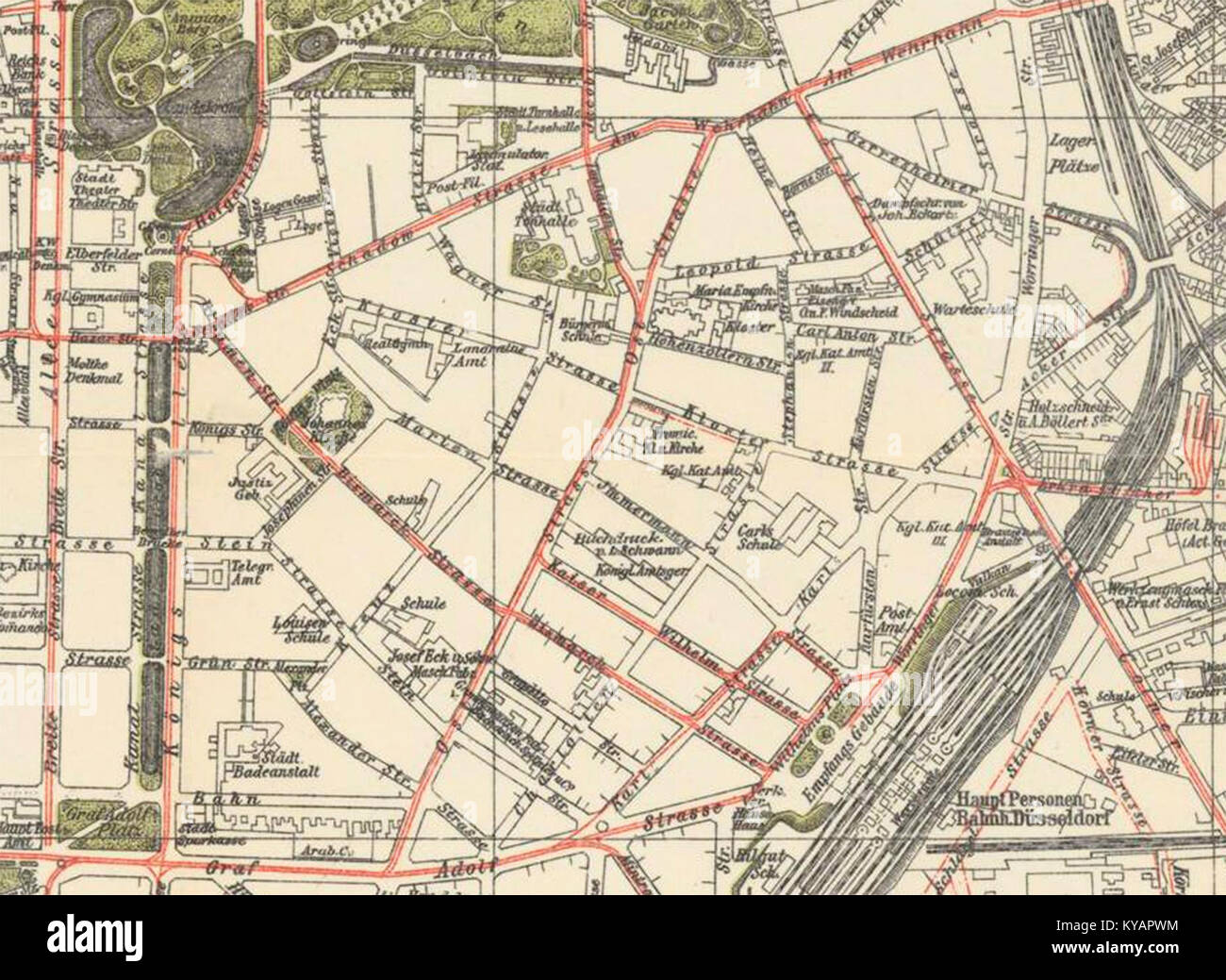 Estratto cartina del centro di Düsseldorf dalla rubrica del 1905, che mostra il layout urbano, le strade principali e i monumenti della Germania dell'inizio del XX secolo. Foto Stock