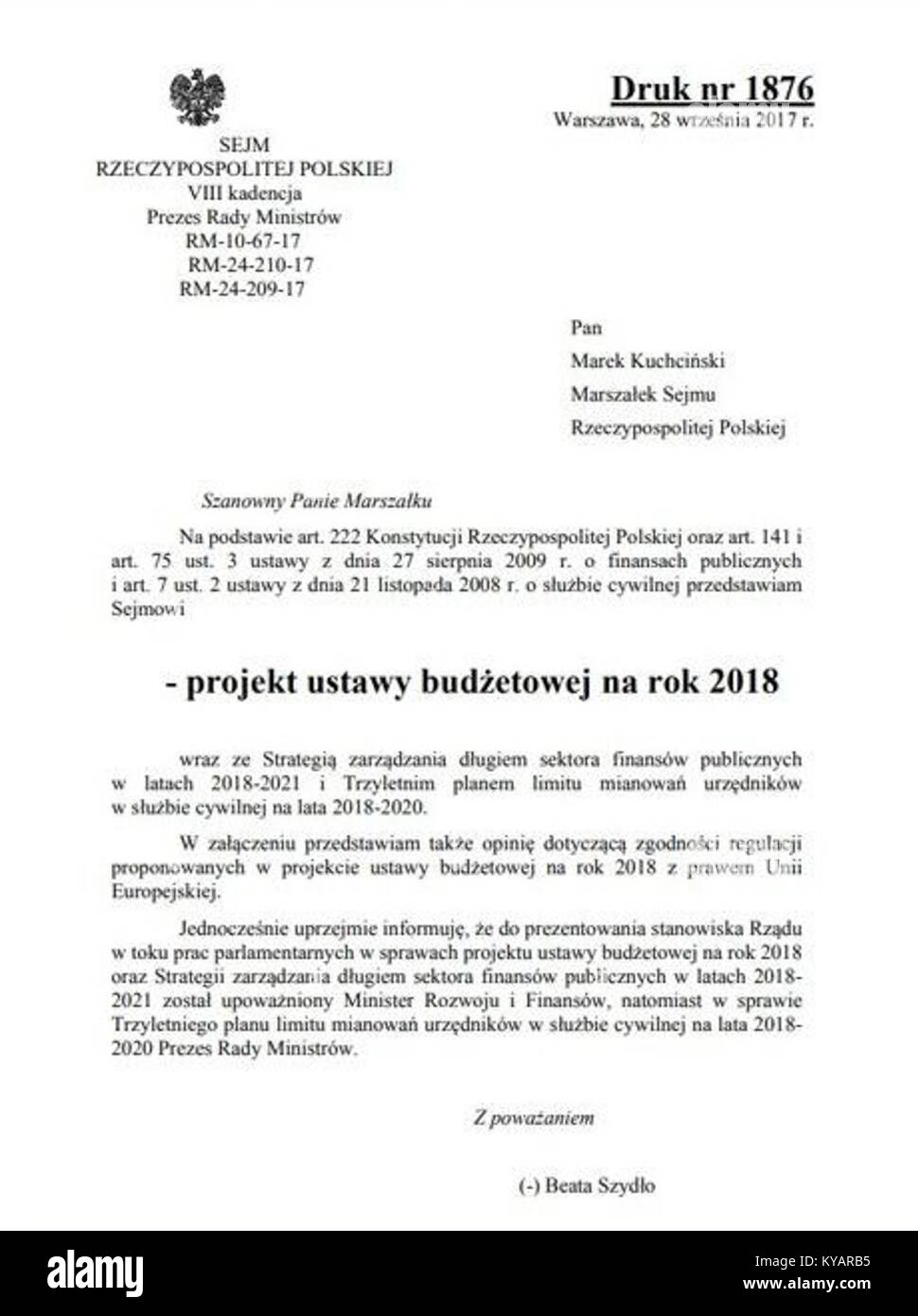 Il "Projekt ustawy budżetowej na 2018 druk 1876" si riferisce al progetto di legge sul bilancio per la Polonia nel 2018, come documentato nel registro legislativo ufficiale. Questo documento delinea il piano fiscale e le politiche economiche per il paese in quell'anno. Foto Stock