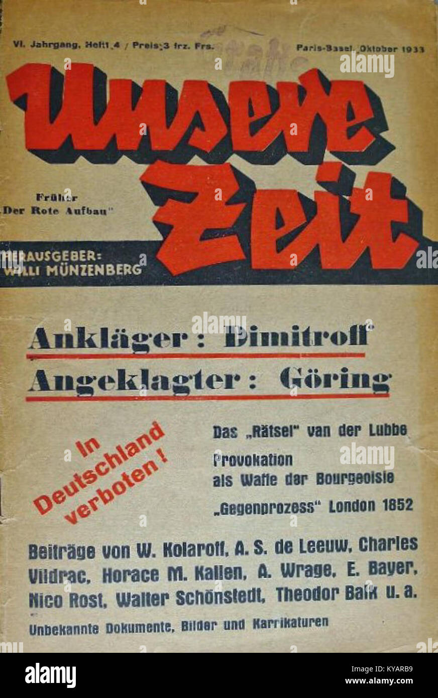 Il numero di ottobre 1933 di "Unsere Zeit" è una rivista mensile tedesca che si occupa di politica, letteratura, economia, politica sociale e movimento operaio. Foto Stock