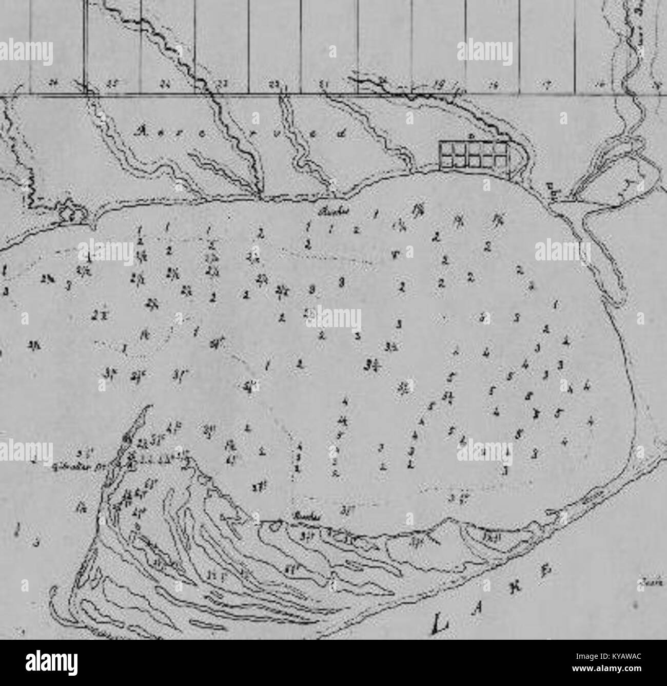 Questa mappa del 1793 raffigura il porto di Old York a Toronto, mostrando la struttura del lungomare, le prime strutture di insediamento e le caratteristiche geografiche durante la fine del XVIII secolo. Foto Stock