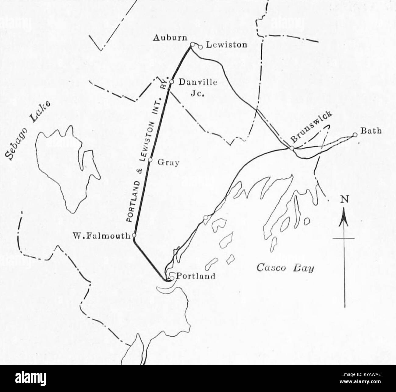 La mappa del 1915 illustra la ferrovia interurbana Portland-Lewiston e le sue linee di collegamento negli Stati Uniti, mostrando percorsi, stazioni e infrastrutture di trasporto regionali. Foto Stock