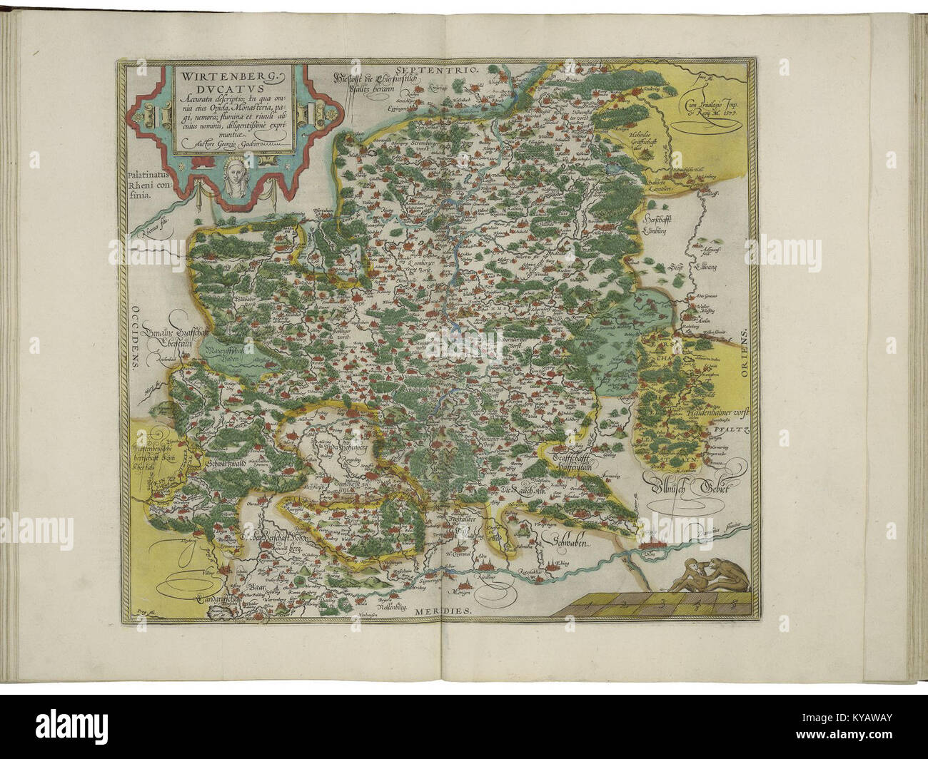 Questa mappa di Abraham Ortelius raffigura il Ducato di Württemberg, mostrando confini geografici, insediamenti, fiumi e strade, riflettendo le pratiche cartografiche del xvi secolo. Foto Stock