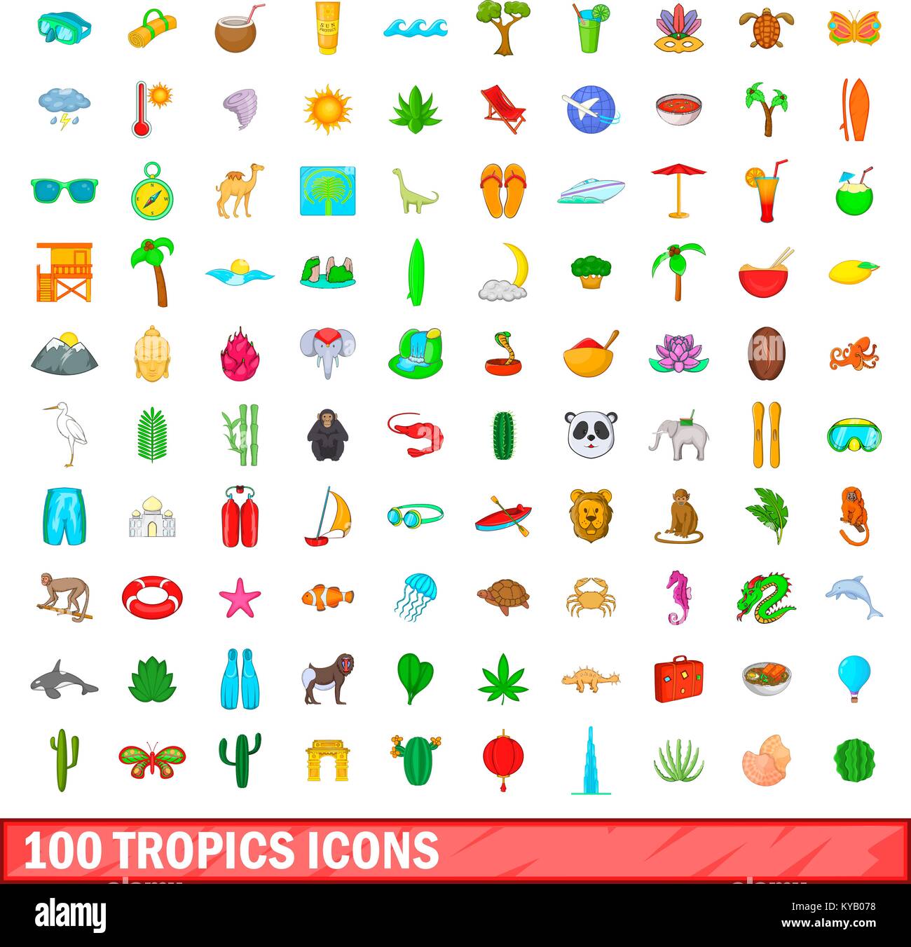100 tropici set di icone in stile cartoon per qualsiasi design illustrazione vettoriale Illustrazione Vettoriale