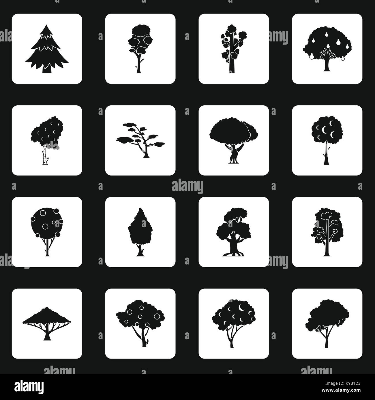 Gli alberi di set di icone in quadrati bianchi su sfondo nero in stile semplice illustrazione vettoriale Illustrazione Vettoriale