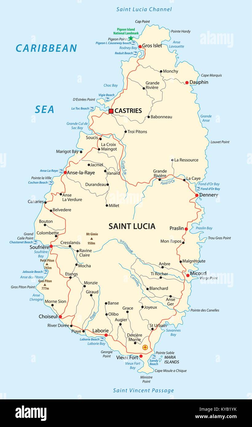 Saint Lucia su strada e spiaggia mappa vettoriale Illustrazione Vettoriale