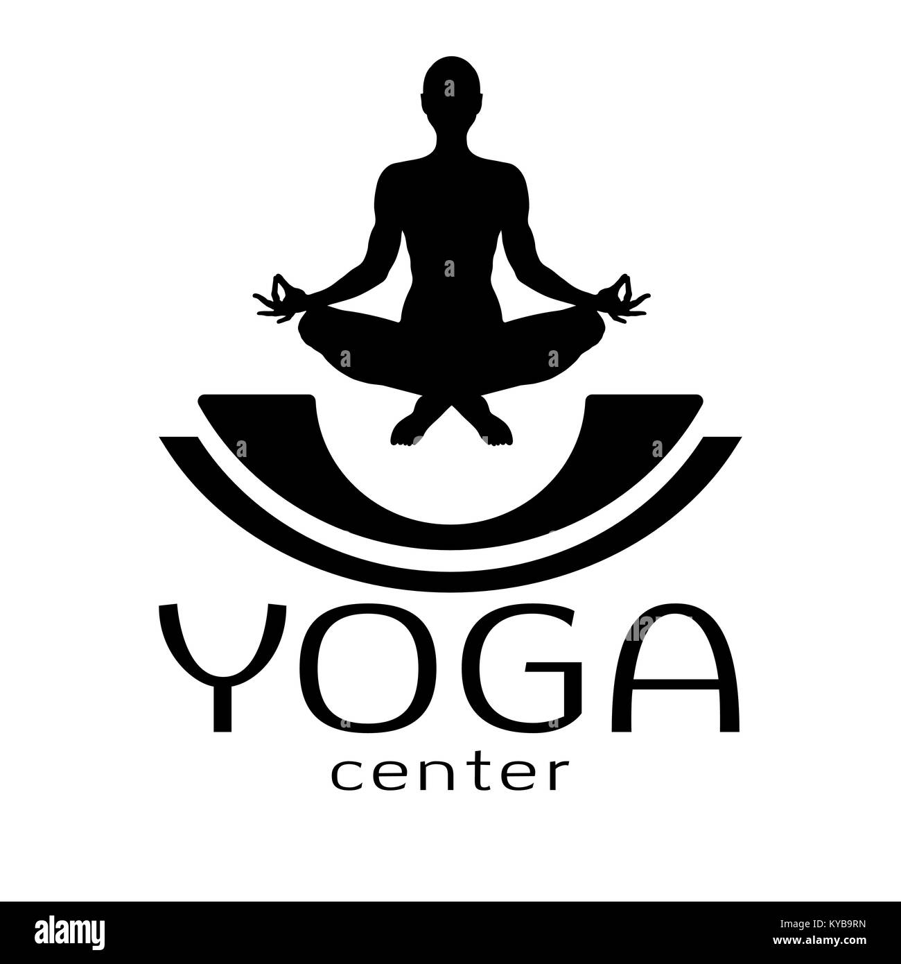 Il logo di yoga, icona Vettore, emblema per centro yoga. La figura di un uomo seduto in una lotus pongono, vettore silhouette. La meditazione il rilassamento di un essere umano con un font isolati su sfondo bianco Illustrazione Vettoriale