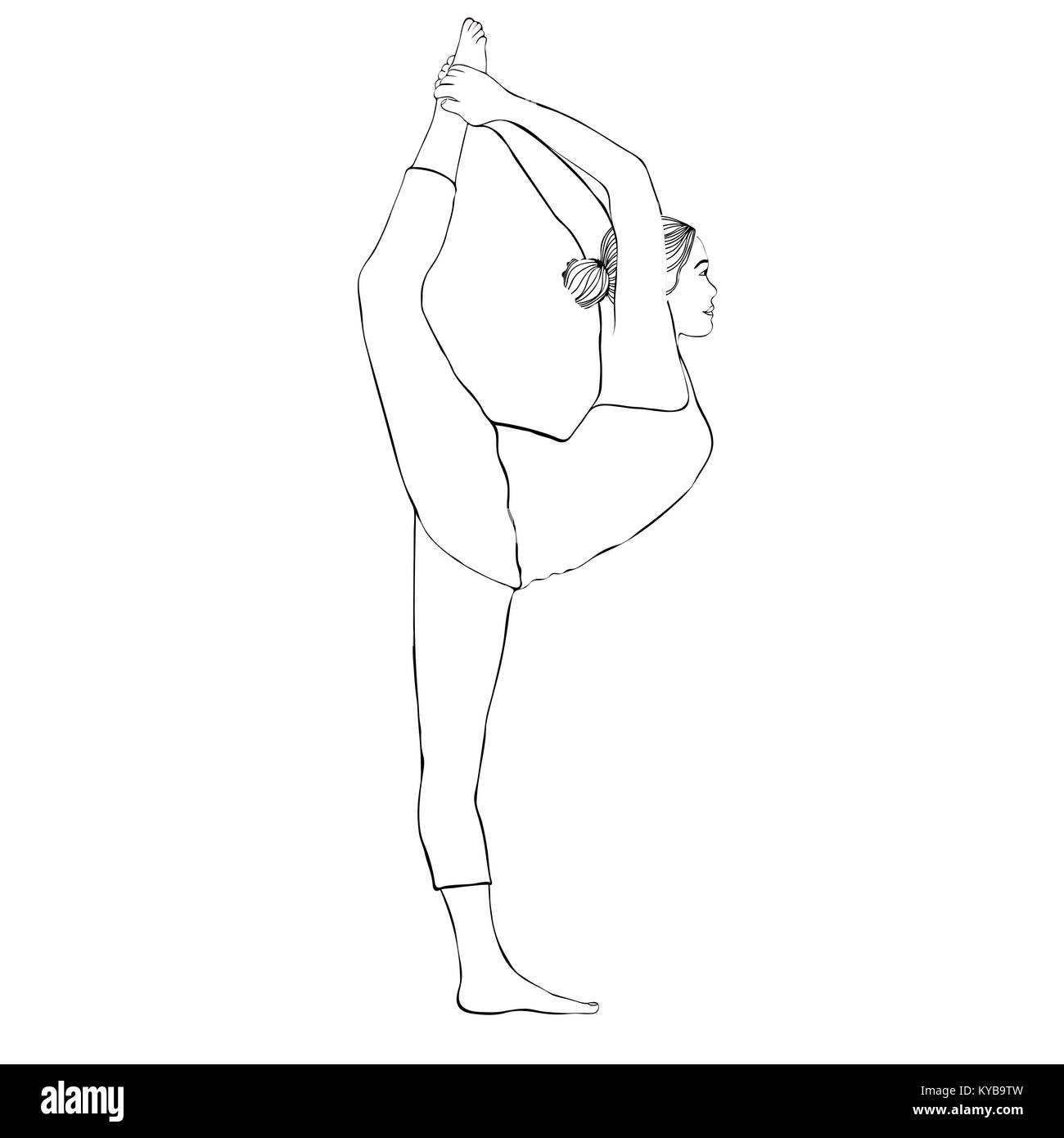Lo Yoga pone, donna facendo stretching gambe, gamba split, vettore di colorazione ritratto di disegno. Cartoon ragazza è impegnata nella ginnastica, profilo di contorno bianco e nero illustrazione. Isolato su sfondo bianco Illustrazione Vettoriale