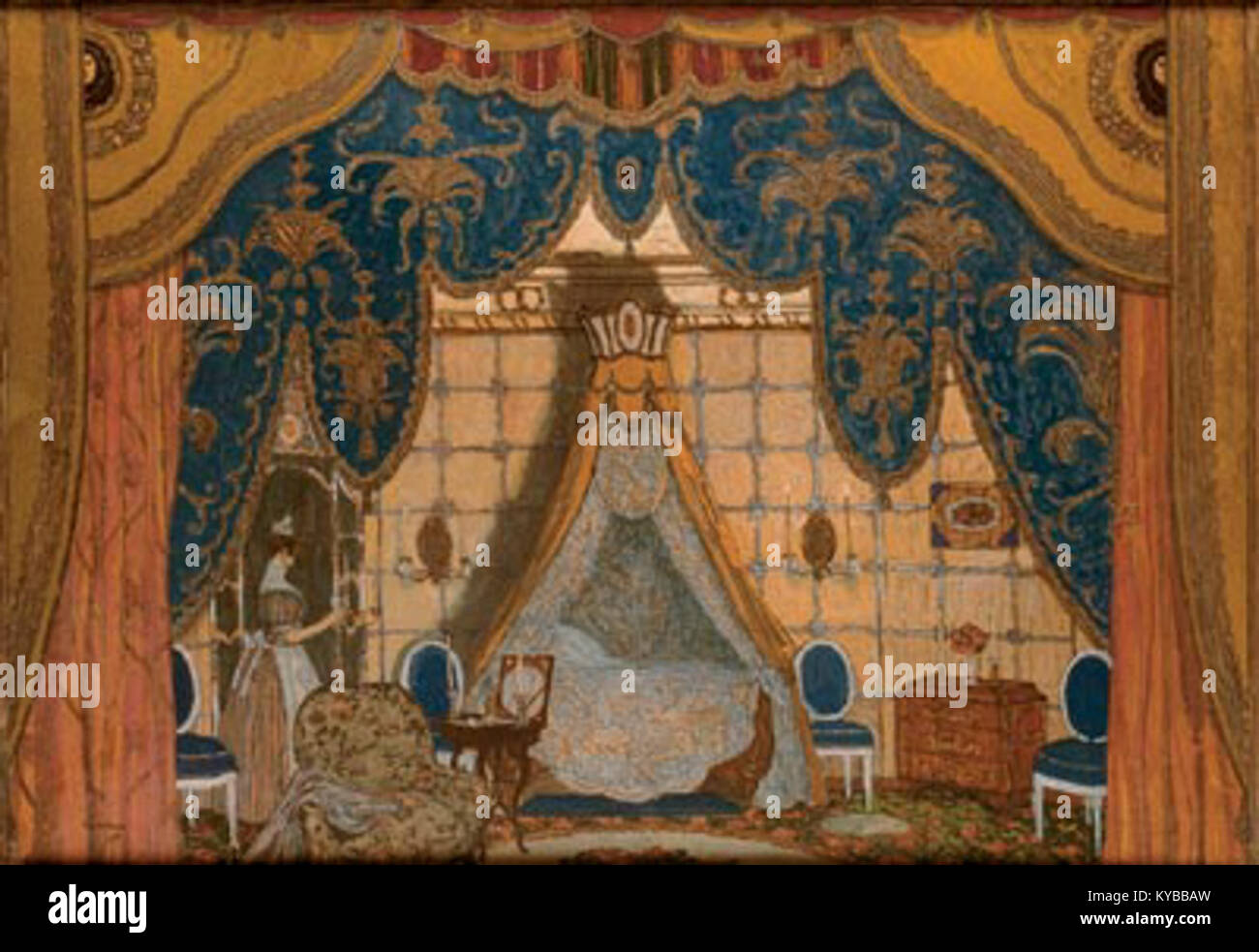 Una scenografia del 1917 di Alexander Golovin per Masquerade, raffigurante la camera da letto di Nina, parte di una serie teatrale tenutasi nel Bakhrushin Museum che illustra il set design russo. Foto Stock