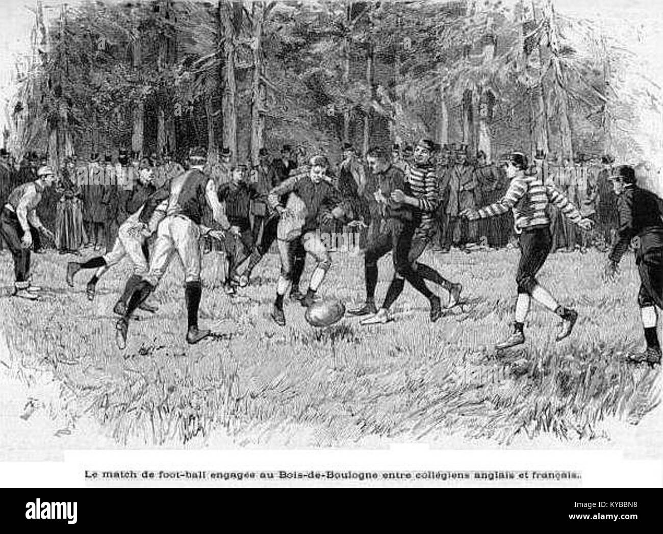 Questa fotografia, scattata nel marzo 1890, mostra una partita di calcio-rugby tra studenti francesi e inglesi al Bois de Boulogne di Parigi, che illustra i primi eventi sportivi internazionali dell'epoca. Foto Stock