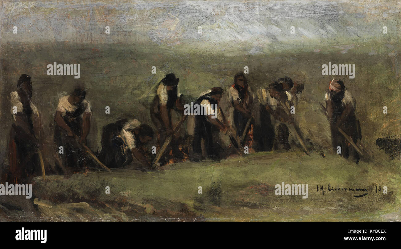 "Arbeiter im Rübenfeld" (1873) è uno studio sull'olio di Max Liebermann, raffigurante i lavoratori in un campo di barbabietole da zucchero. Il dipinto riflette l'attenzione di Liebermann sul lavoro rurale e il suo contributo all'impressionismo tedesco. Foto Stock