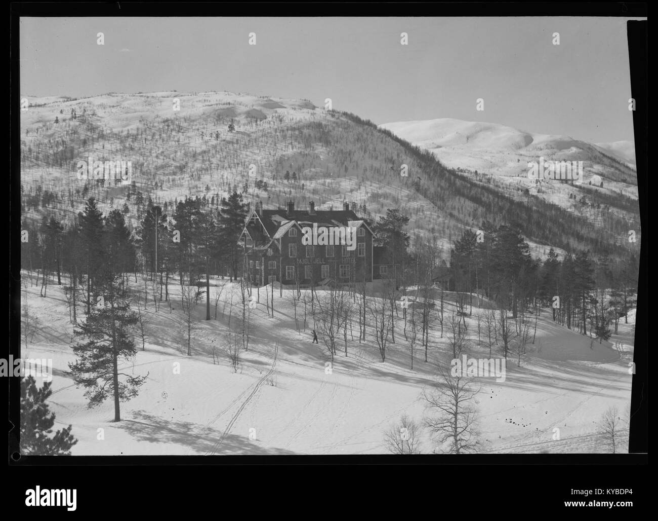 La fotografia di Mjølfjell in Norvegia raffigura il terreno di montagna, le infrastrutture ferroviarie e il paesaggio naturale circostante, mostrando il trasporto rurale e l'ambiente. Foto Stock