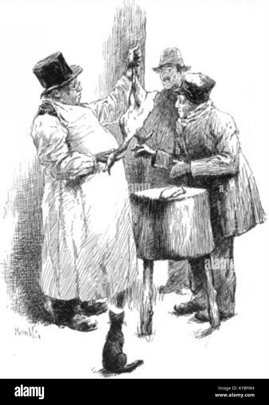 Un'illustrazione intitolata "Mr. Little seleziona il tacchino del Ringraziamento" dalla collezione Young Lucretia and Other Stories di Mary E. Wilkins Freeman. Ritrae una scena di festa domestica incentrata sulle tradizioni del Ringraziamento nell'America del tardo XIX secolo. Foto Stock