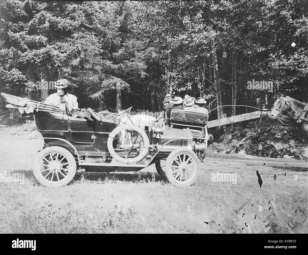 Questa fotografia raffigura la signora H.M. Sarvant nella sua automobile durante un viaggio su strada a Mount Rainier il 14 agosto 1908, mostrando i viaggi all'inizio del XX secolo e l'ascesa delle automobili come mezzo di trasporto. Foto Stock