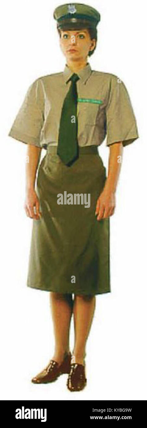 L'immagine presenta una divisa da donna per tutti i giorni con una camicia a maniche corte. Questo tipo di abbigliamento è tipico per ambienti informali o di lavoro e rappresenta la moda pratica e il design dell'abbigliamento. Foto Stock