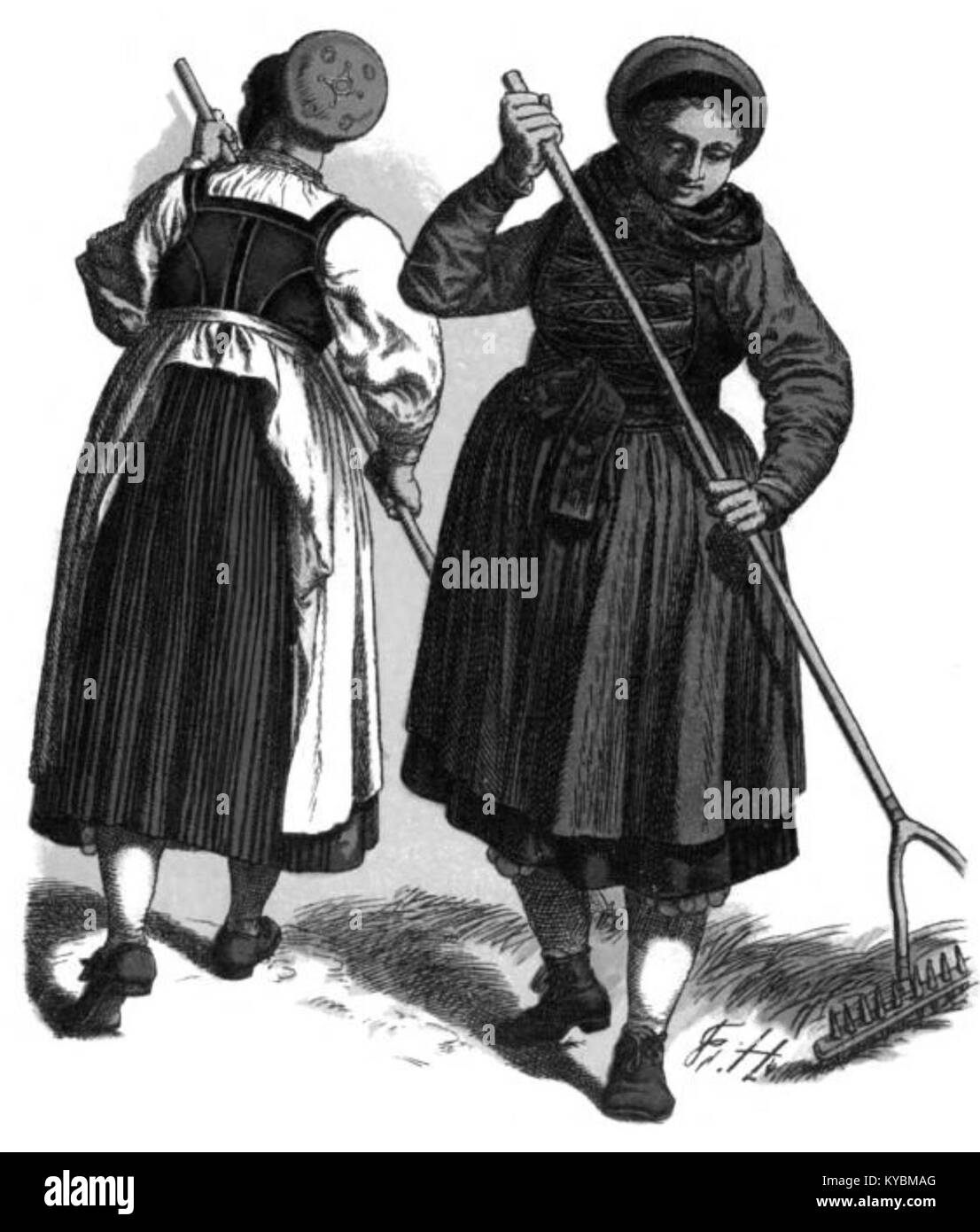 Un'illustrazione di "Nassau Trachtenbuch" raffigurante donne contadine della regione di Breidenbacher Grund. L'immagine mostra i tradizionali stili di abbigliamento rurale della Germania del XIX secolo. Foto Stock