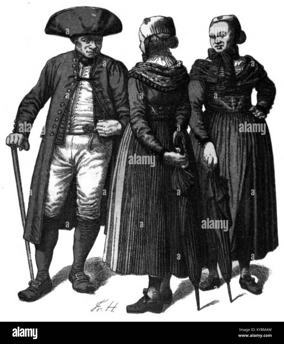 Un'illustrazione di "Nassau Trachtenbuch" che mostra le coppie contadine della regione di Blauen Ländchen vicino a Wiesbaden, in Germania, con costumi tradizionali popolari del XIX secolo. Foto Stock