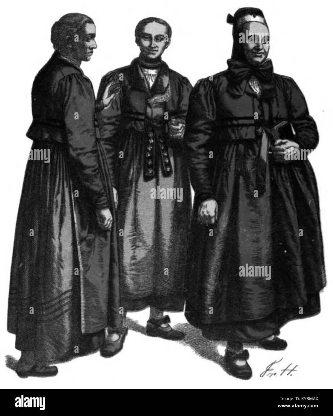 Un'illustrazione tratta dal Trachtenbuch di Nass che mostra donne contadine della regione orientale di Dill (Eibach) intorno al 1880, raffiguranti il tradizionale abito rurale tedesco e l'identità regionale. Foto Stock