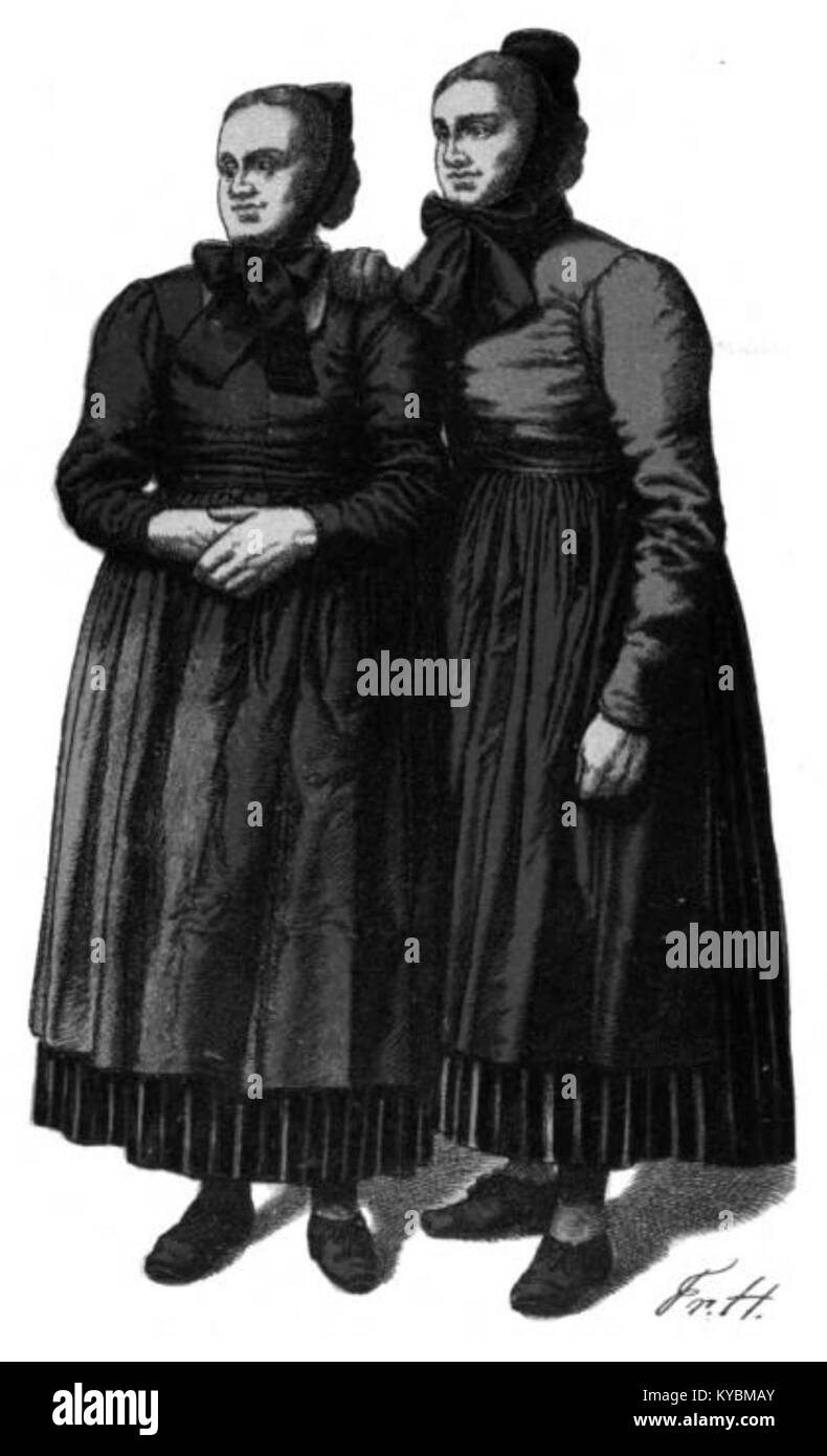 Un'illustrazione del Trachtenbuch di Nass raffigurante donne contadine dell'alta regione di Diezhölztal (Strassebersbach), che mostra abiti rurali tradizionali e abbigliamento culturale del XIX secolo. Foto Stock