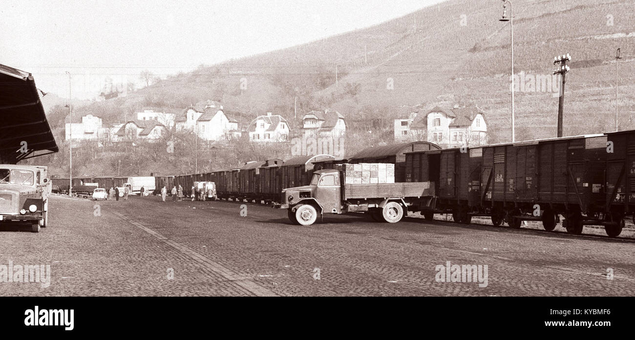 Una fotografia del 1960 raffigurante i lavoratori che trattano frutta alla stazione ferroviaria merci di Maribor in Slovenia, che mostra la logistica e l'attività economica connesse al commercio regionale. Foto Stock